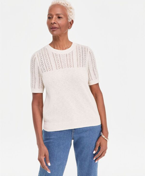 スタイルアンドコー レディース アウター ニット・セーター 半袖 Style & Co Women'short-Sleeve Pointelle Lurex Sweater Macy's Exclusive Shiitake｜ReVida 店