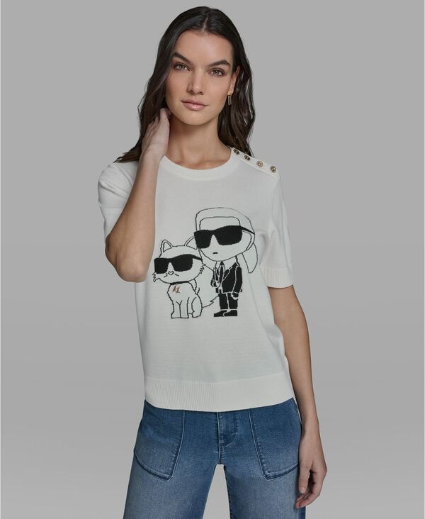 カール ラガーフェルド レディース アウター ニット・セーター クルーネック グラフィック KARLAGERFELD PARIS Women's Karl and Choupette Crew Neck Graphic Sweater Soft White/Black ホワイト｜ReVida 店