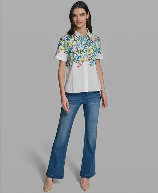 カール ラガーフェルド レディース トップス シャツ フラワー柄 半袖 フラワー KARLAGERFELD PARIS Women'short-Sleeve Multi Floral Poplin Shirt Soft White Combo ホワイト