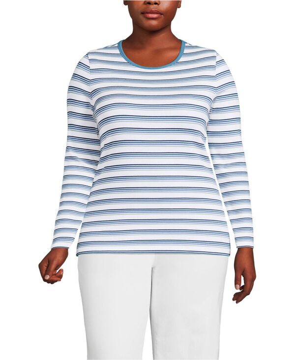 ランズエンド レディース トップス Tシャツ プラスサイズ Lands' End Plusize Long Sleeve Micro Rib T-Shirt Ivory/teal blue multi stripe アイボリー