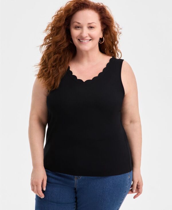 スタイルアンドコー レディース トップス シャツ Vネック プラスサイズ Style & Co Plusize Solid-Color Scalloped V-Neck Tank Top Exclusively at Macy's Deep Black ブラック