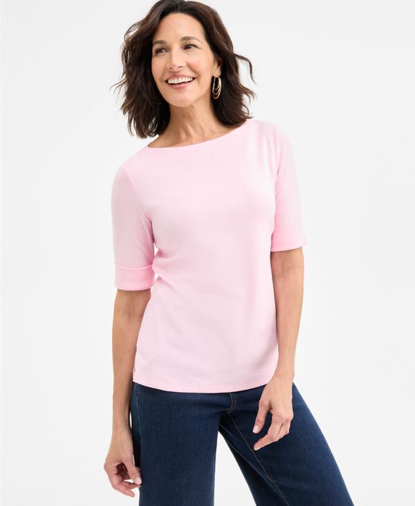スタイルアンドコー レディース トップス シャツ コットン Style & Co Women's Boat-Neck Elbow Sleeve Cotton Top Exclusively at Macy's Pink Heart ピンク