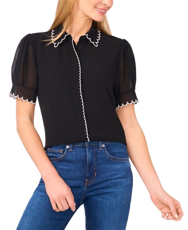 セセ レディース トップス シャツ コントラスト CeCe Women'scallop Contrastrim Button Up Top Rich Black ブラック