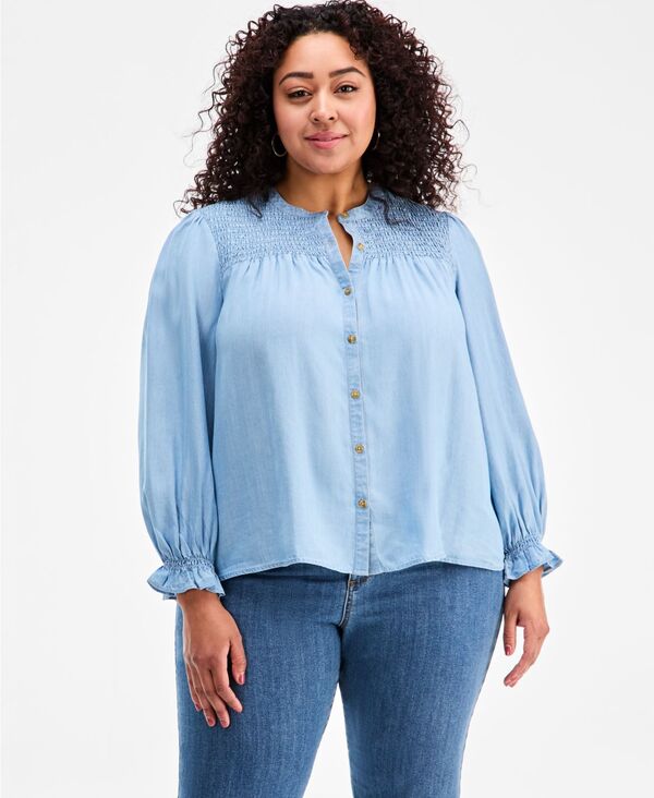 スタイルアンドコー レディース トップス シャツ プラスサイズ シャーリング コットン ブラウス Style & Co Plusize Smocked-Yoke Cotton Chambray Blouse Macy's Exclusive Anna Wash｜ReVida 店 9,706円