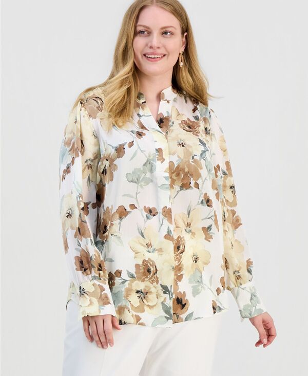 アンクライン レディース トップス シャツ Vネック プラスサイズ プリント ブラウス 長袖 Anne Klein Plusize Printed V-Neck Long-Sleeve Blouse White Dove Multi ホワイト