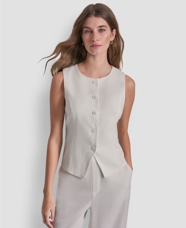 ダナキャランニューヨーク レディース トップス ベスト クルーネック リネン DKNY Jeans Women's Linen-Blend Crewneck Button-Front Vest Ivory アイボリー|ReVida 店
