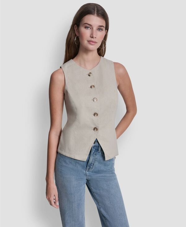 ダナキャランニューヨーク レディース トップス ベスト クルーネック リネン DKNY Jeans Women's Linen-Blend Crewneck Button-Front Vest Pebble|ReVida 店