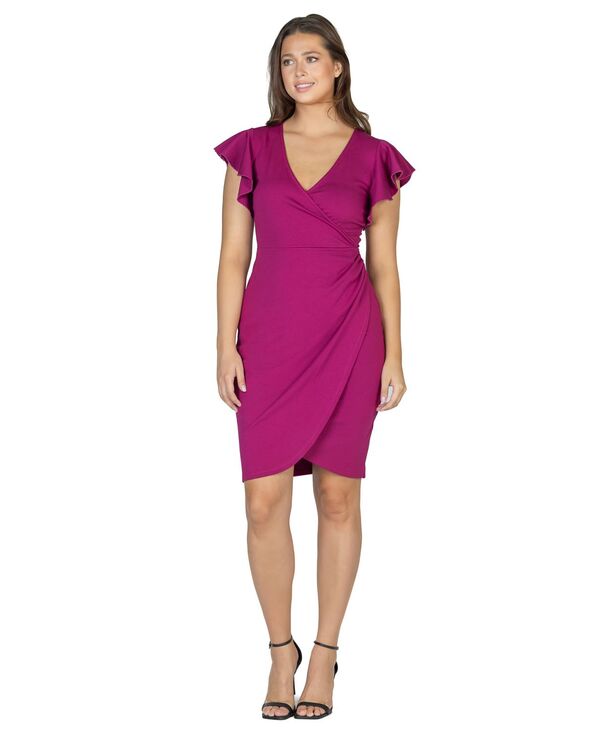 24 セブンコンフォート レディース トップス ワンピース Vネック ひざ丈 フリル 24seven Comfort Apparel Women's V-Neck Ruffle Sleeve Knee Length Dress Magenta マゼンタ
