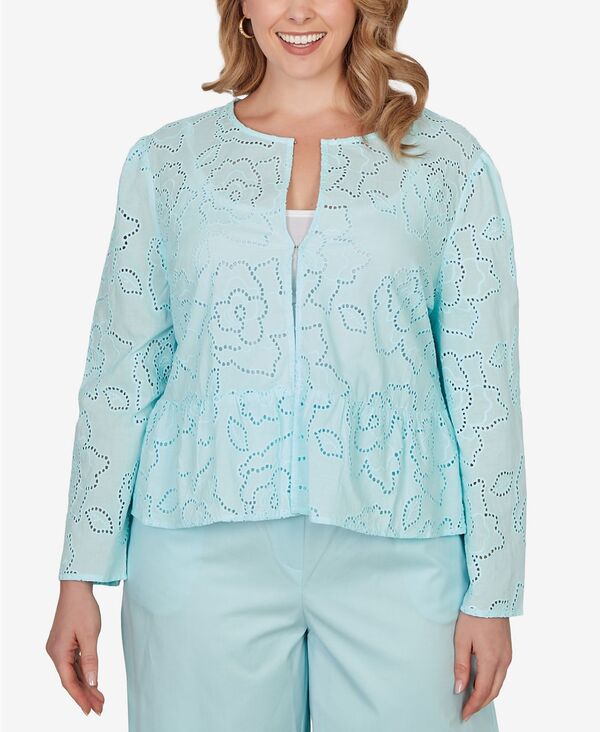 ルビーアールディー レディース アウター ジャケット・ブルゾン フラワー柄 プラスサイズ フラワー Ruby Rd. Plusize Floral Eyelet Peplum Jacket Seaglass