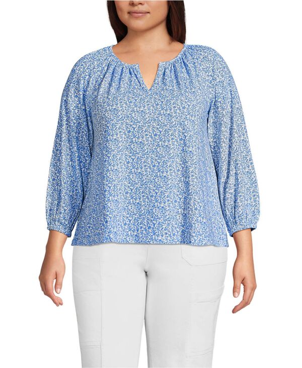 ランズエンド レディース トップス シャツ プラスサイズ ブラウス ジャージー Lands End Plusize Lightweight Jersey 3/4 Sleeve Notch Neck Gather Blouse Misty blue tiny floral ブルー