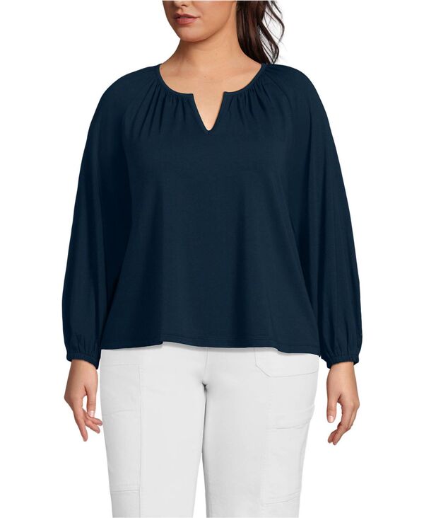 ランズエンド レディース トップス シャツ プラスサイズ ブラウス ジャージー Lands End Plusize Lightweight Jersey 3/4 Sleeve Notch Neck Gather Blouse Radiant navy ネイビー