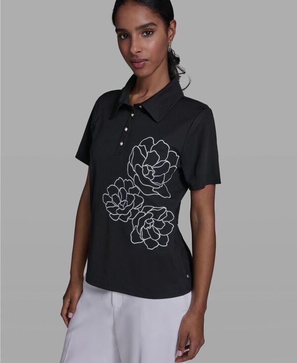 カール ラガーフェルド レディース トップス シャツ 半袖 刺繍 ブラウス KARLAGERFELD PARIS Women'short-Sleeve Rosembroidered Collared Blouse Black ブラック