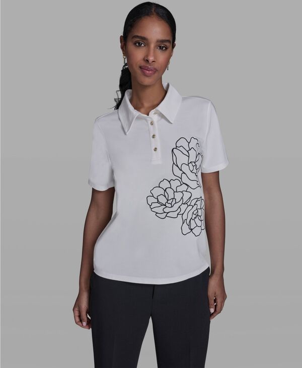 カール ラガーフェルド レディース トップス シャツ 半袖 刺繍 ブラウス KARLAGERFELD PARIS Women'short-Sleeve Rosembroidered Collared Blouse Soft White ホワイト
