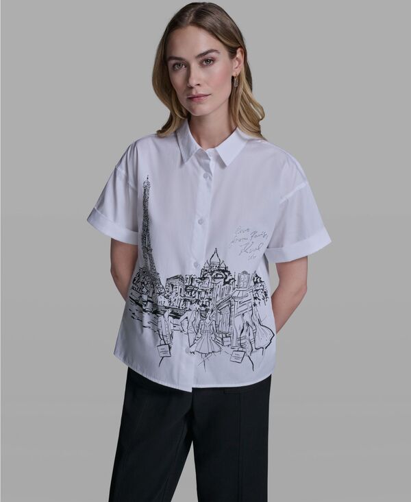 カール ラガーフェルド レディース トップス シャツ 半袖 KARLAGERFELD PARIS Women's Collared Short-Sleeve Poplin Shirt White ホワイト