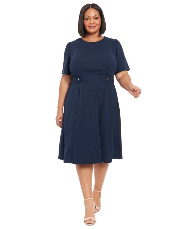 ロンドンタイムス レディース トップス ワンピース クレープラスサイズ ミディ スキューバ London Times Plusize Fit \u0026 Flare Scuba Crepe Midi Dress Navy ネイビー