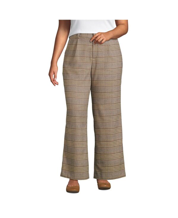 ランズエンド レディース ボトムス カジュアルパンツ ワイドレッグ プラスサイズ プリーツ Lands' End Plusize Brushed Flannel High Rise Pleated Wide Leg Pants Coriander glen plaid チェック