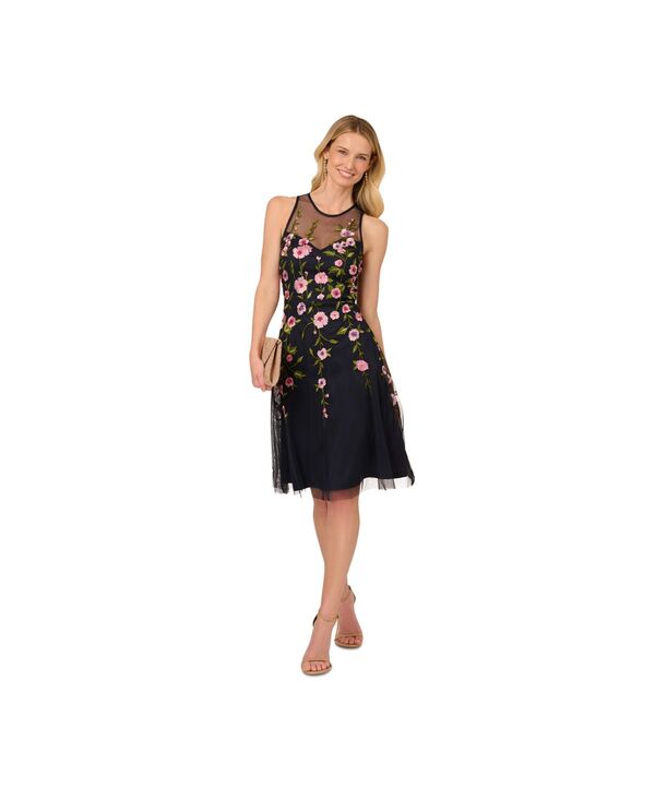 アドリアナ パペル レディース トップス ワンピース 刺繍 Adrianna Papell Women's Embroidered Beaded Fit & Flare Dress Midnight Multi マルチカラー