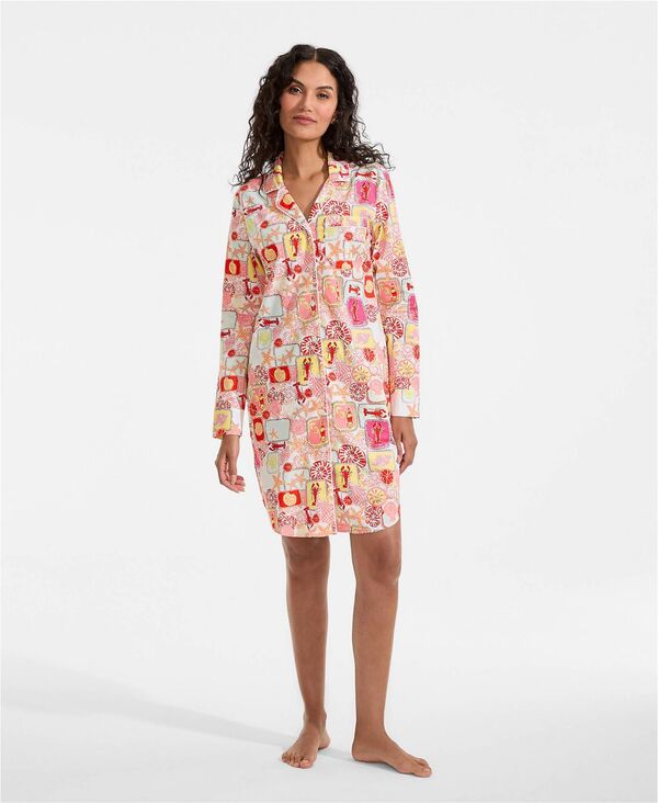 ランズエンド レディース アンダーウェア ナイトウェア シャツ コットン Lands' End Women's Cotton Poplin Long Sleeve Sleepshirt Nightgown Tropical stamp/white ホワイト