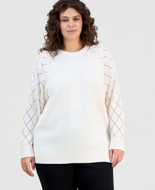 アンクライン レディース アウター ニット・セーター フラワー柄 プラスサイズ フラワー Anne Klein Plusize Floral Pointelle-Sleeve Sweater White Dove ホワイト