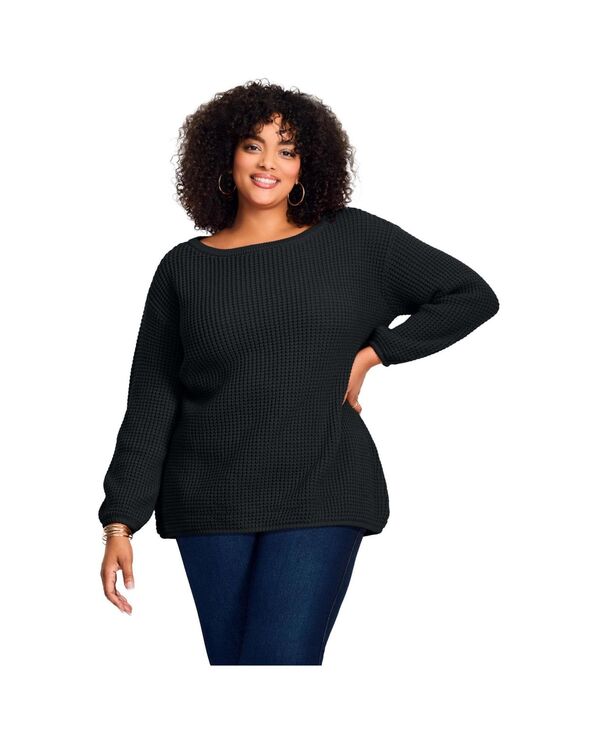 アベニュー レディース アウター パーカー・スウェット プラスサイズ セーター AVENUE Plusize Waffle Stitch Pullover Sweater Black ブラック