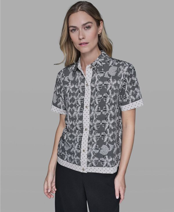 カール ラガーフェルド レディース トップス シャツ プチ プリント レース KARLAGERFELD PARIS Women's Lace Print Detail Camp Shirt Regular & Petite Black/Bisque ブラック