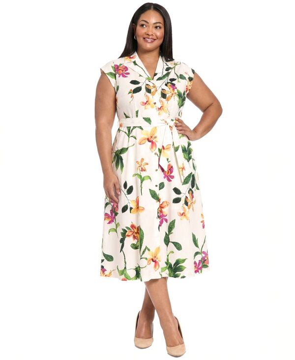 ロンドンタイムス レディース トップス シャツ プラスサイズ プリント ミディ London Times Plusize Printed Midi Shirt Dress Ivory Multi アイボリー