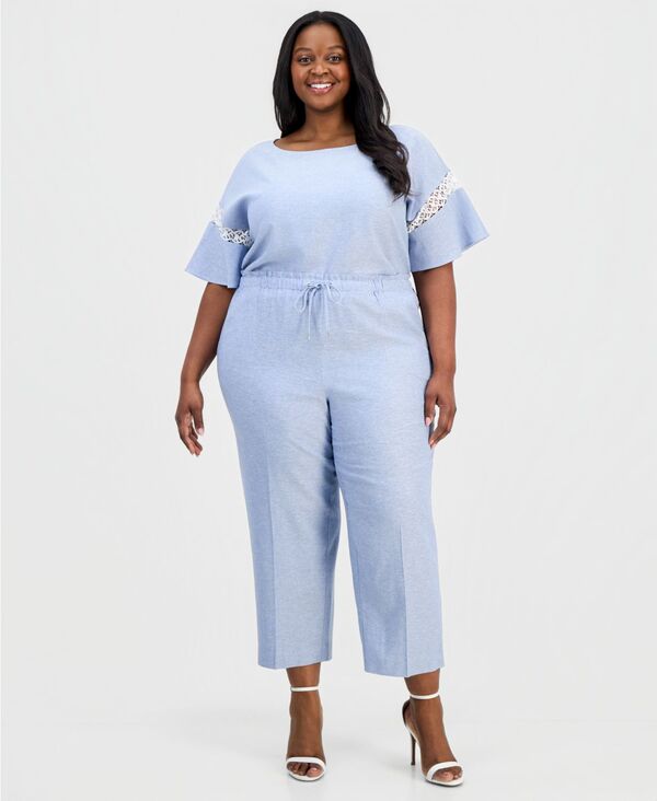アンクライン レディース ボトムス カジュアルパンツ プラスサイズ クロップド Anne Klein Plusize Drawstring-Waist Cropped Pants Lagoon/Crisp White ホワイト
