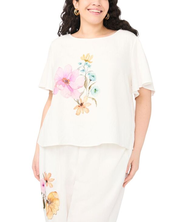 ヴィンスカムート レディース トップス シャツ クルーネック プラスサイズ 半袖 クロップド ブラウス Vince Camuto Plusize Crewneck Cropped with Flutter Short-Sleeves Blouse Antique White ホワイト