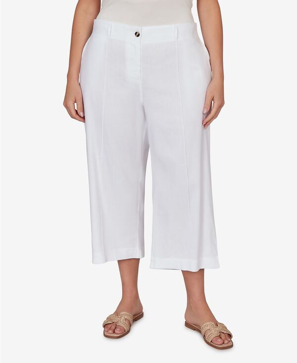 ルビーアールディー レディース ボトムス カジュアルパンツ プラスサイズ キャップ リネン Ruby Rd. Plusize Stretch Linen Wide-Leg Fly-Front Capri Pants White ホワイト