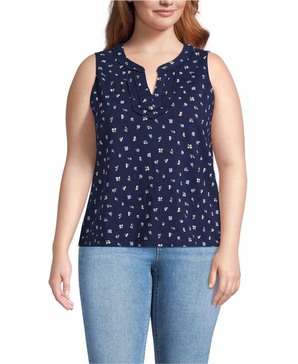 ランズエンド レディース トップス タンクトップラスサイズ Lands' End Plusize Slub Decorative Trim Tank Top Deep sea navy floral buds ネイビー