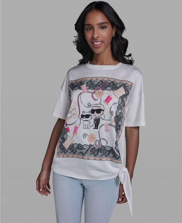 カール ラガーフェルド レディース トップス Tシャツ クルーネック KARLAGERFELD PARIS Women's Karl & Choupette Frame Side Tie Crew Neck T-Shirt Soft White ホワイト