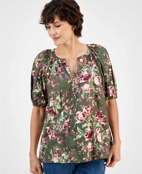 スタイルアンドコー レディース トップス シャツ ブラウス Style & Co Women'split-Neck Raglan-Sleeve Blouse Macy's Exclusive Green Floral グリーン