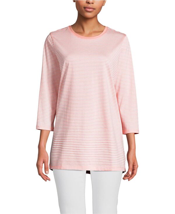 ランズエンド レディース トップス シャツ コットン Lands End Women 3/4 Sleeve Cotton Supima Tunic Sunset coral pink micro stripe ピンク