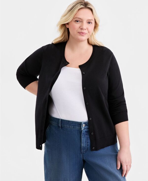 スタイルアンドコー レディース アウター ニット・セーター プラスサイズ カーディガン 長袖 Style & Co Plusize Button-Front Long-sleeve Cardigan Macy's Exclusive Deep Black ブラック