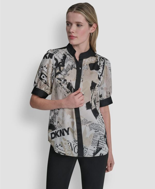 ダナ キャラン ニューヨーク レディース トップス シャツ プリント ブラウス DKNY Women's Newspaper-Print Woven Blouse Ivory/Black Multi アイボリー