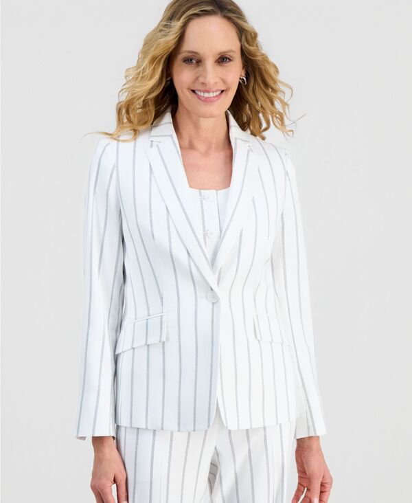 カスパール レディース アウター ジャケット・ブルゾン Kasper Women's Pinstripe One-Buttonotch-Collar Jacket Lily White/black ホワイト