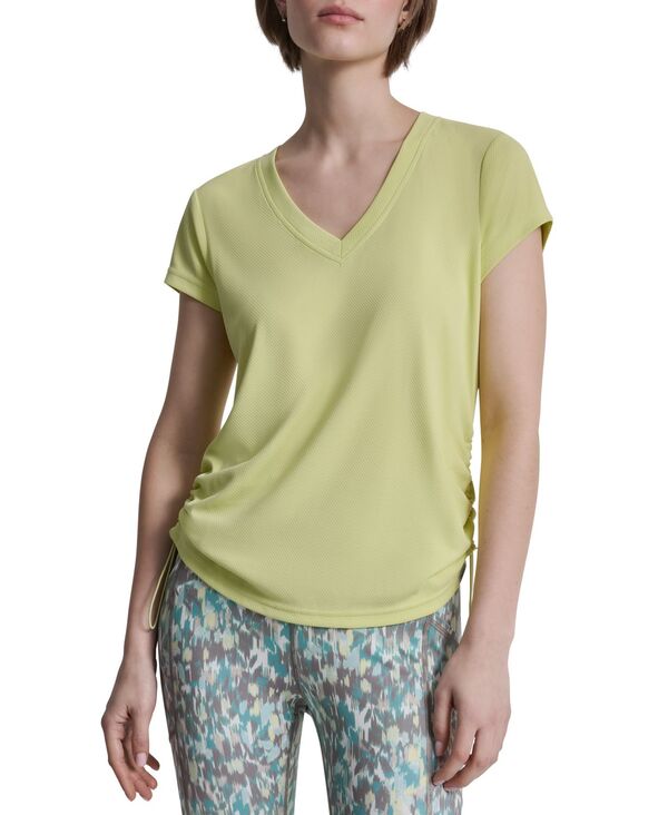 ダナ キャラン ニューヨーク レディース トップス Tシャツ Vネック ギャザー DKNY Sport Women's Ruched Side Seams V-Neck Tech T-Shirt Lemon Light|ReVida 店