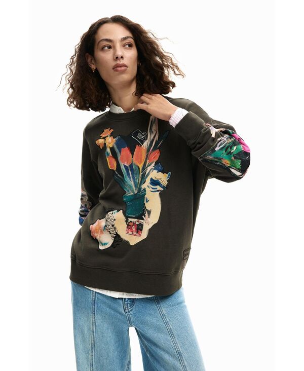 デジグアル レディース アウター パーカー・スウェット シャツ Desigual Women'sweatshirt collage drawing Dark grey グレー