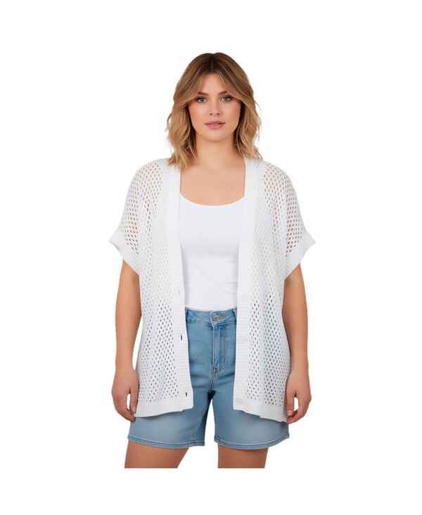 アベニュー レディース アウター ニット・セーター プラスサイズ カーディガン AVENUE Plusize Short Sleeve Button Front Cardigan White ホワイト｜ReVida 店