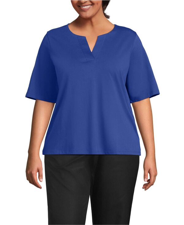 ランズエンド レディース トップス シャツ プラスサイズ ジャージー Lands' End Plusize Supima Jersey Half Sleeve Splitneck Shirt Dark cobalt blue ブルー