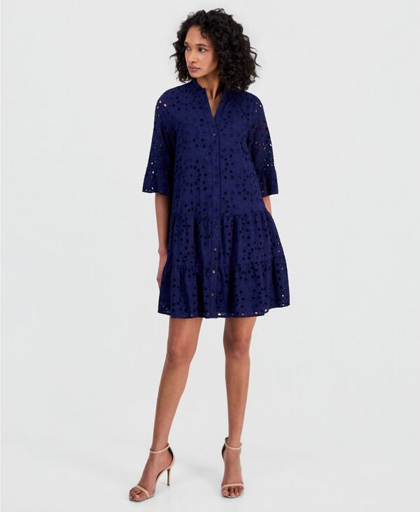 アンクライン レディース トップス ワンピース シャツ コットン 刺繍 Anne Klein Women's Eyelet Embroidered Cotton Flare-Sleeve Shirtdress Distant Mountain