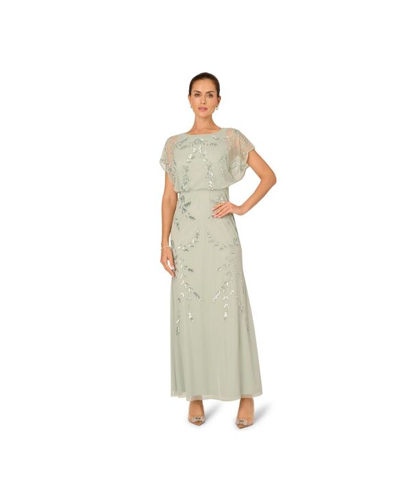 アドリアナ パペル レディース トップス ワンピース Adrianna Papell Studio Women's Beaded Flutter-Sleeve Blouson Gown ICY SAGE セージ