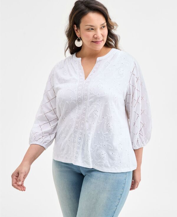 スタイルアンドコー レディース トップス シャツ プラスサイズ Style & Co Plusize Solid Split-Neck Eyeletop Macy's Exclusive Bright White ホワイト