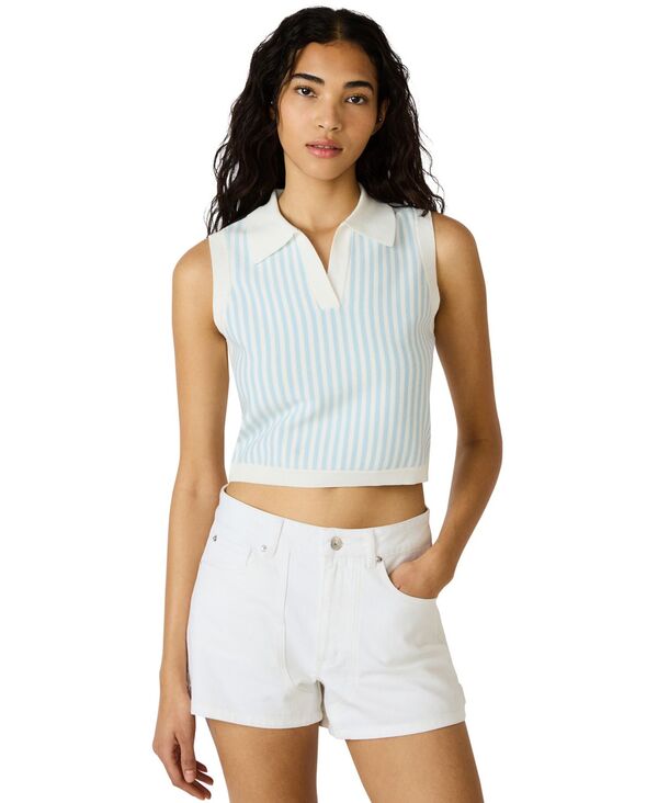 スティーブ マデン レディース アウター ニット・セーター Steve Madden Women's Amery Striped Collared Sweater Top Baby Blue ブルー｜ReVida 店