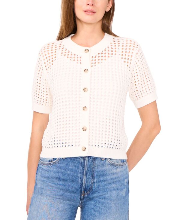 セセ レディース アウター ニット・セーター メッシュ 半袖 カーディガン CeCe Women's Texture Meshort-Sleeve Cardigantique White ホワイト｜ReVida 店