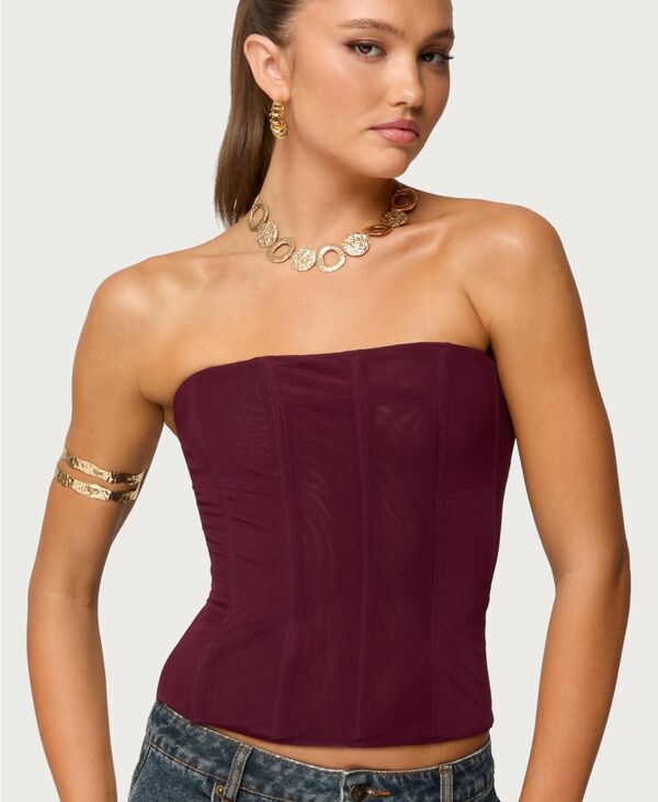 アディクテッド レディース トップス シャツ メッシュ シアー Edikted Women's Reed Sheer Mesh Corset Wine ワイン|ReVida 店