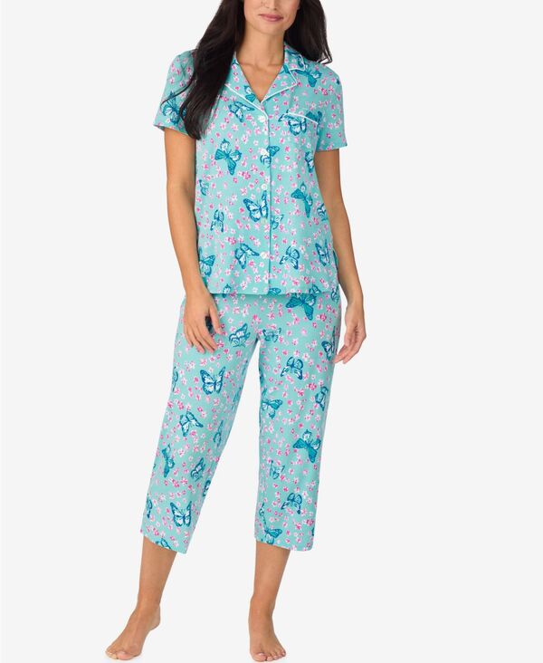 クドルドッズ レディース アンダーウェア ナイトウェア パンツ クロップド Cuddl Duds Women's Cropped Notch Collar Pajama Top and Pants 2-Piece Set Aquaprt