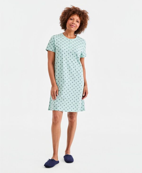 チャータークラブ レディース トップス シャツ 半袖 コットン Charter Club Women's Cotton Essential Short-Sleeve Henley Sleepshirt Macy's Exclusive Aqua Radial Geo アクア