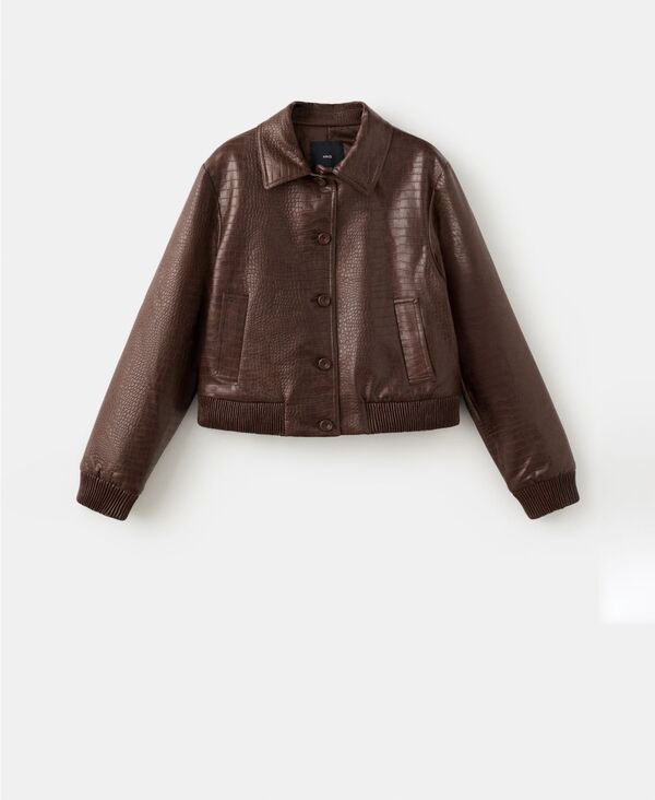 マンゴ レディース アウター ジャケット・ブルゾン MANGO Women's Croc-Effect Bomber Jacket Brown ブラウン｜ReVida 店
