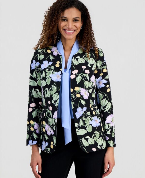 カスパール レディース アウター ジャケット・ブルゾン フラワー柄 プチ プリント ブレザー フラワー Kasper Women's Printed Floral Collarless Blazeregular & Petite Black Multi ブラック
